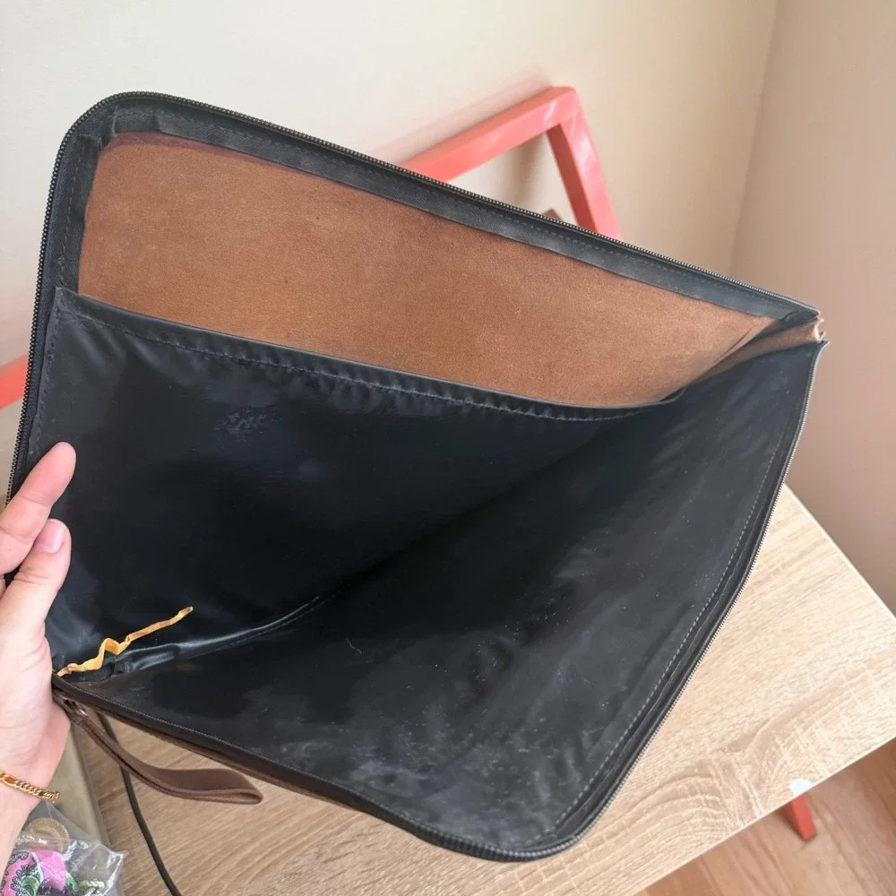 Vintage Leather Brown Zip Document Case Laptop Sleeve Solid Pattern  Double Zip